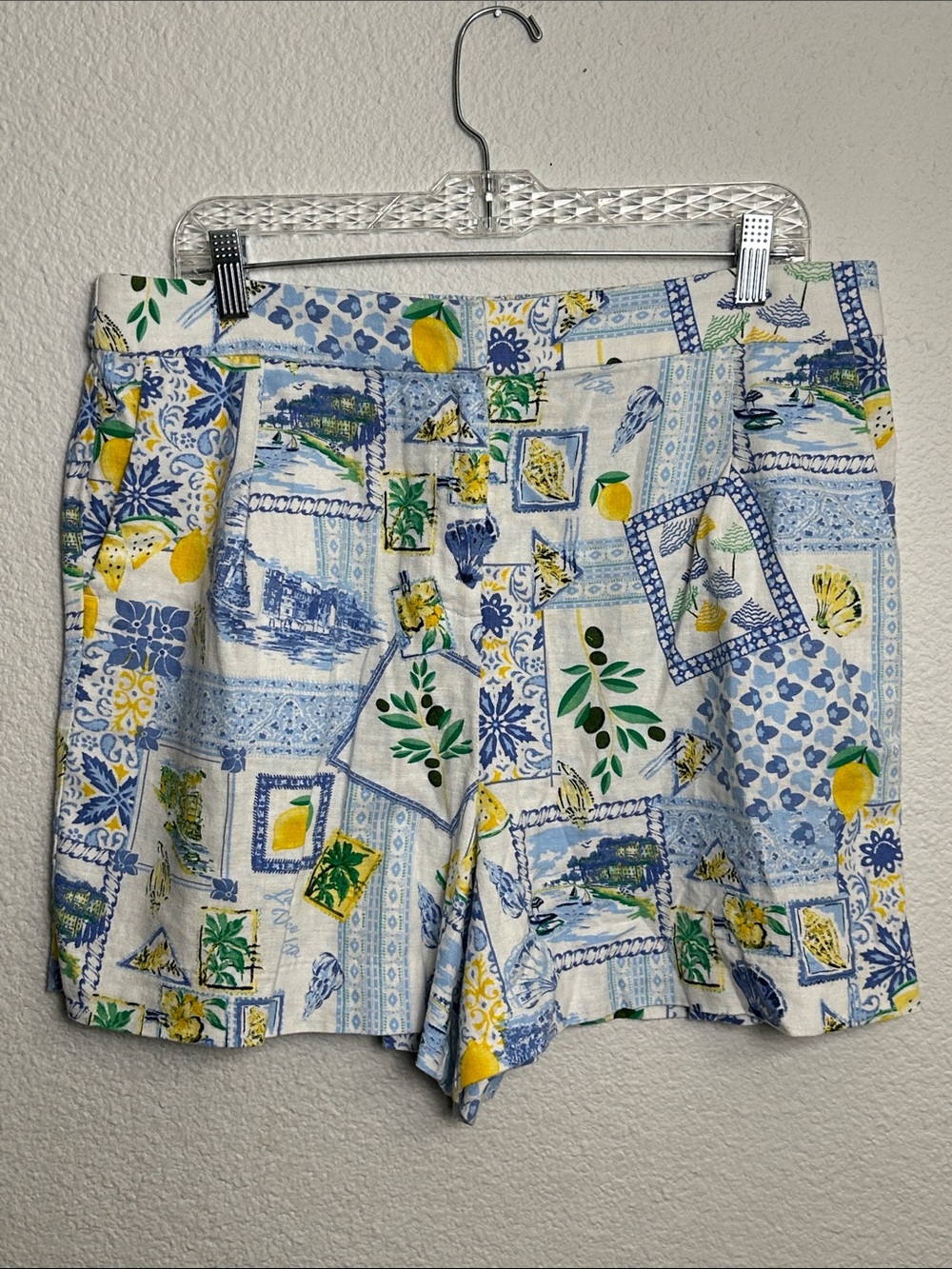 J. Crew Linen Blend Shorts Lemon Print Women's 14 Blue Yellow Resort Coastal